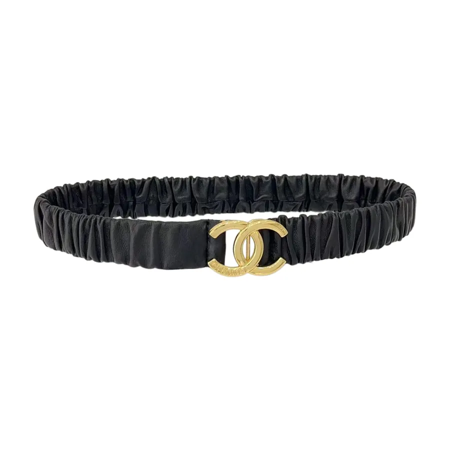 Chanel Women's CC Elastic Belt In Black/White Lambskin With Silver/Gold Hardware 30mm