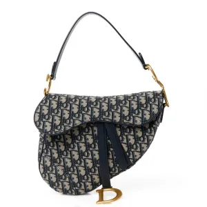 Dior Medium Saddle Bag Blue Oblique Canvas Brass Hardware