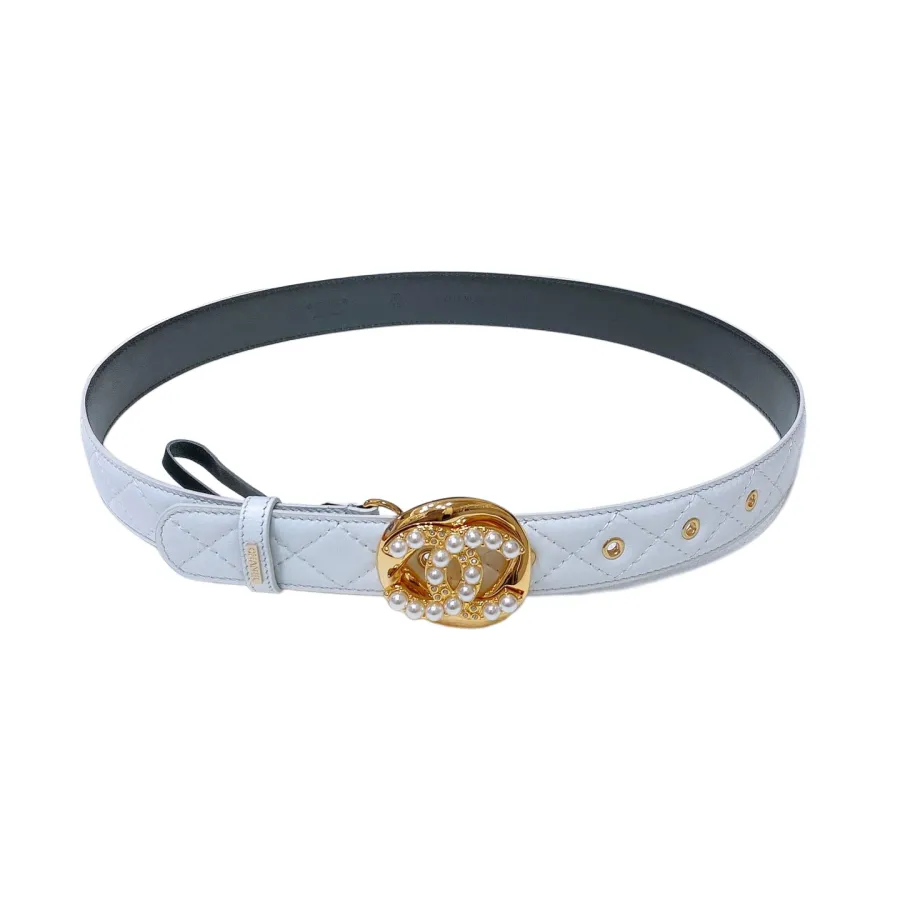 Chanel Women's Pearls CC Belt In Blue/Black/White Lambskin With Gold/Silver Hardware
