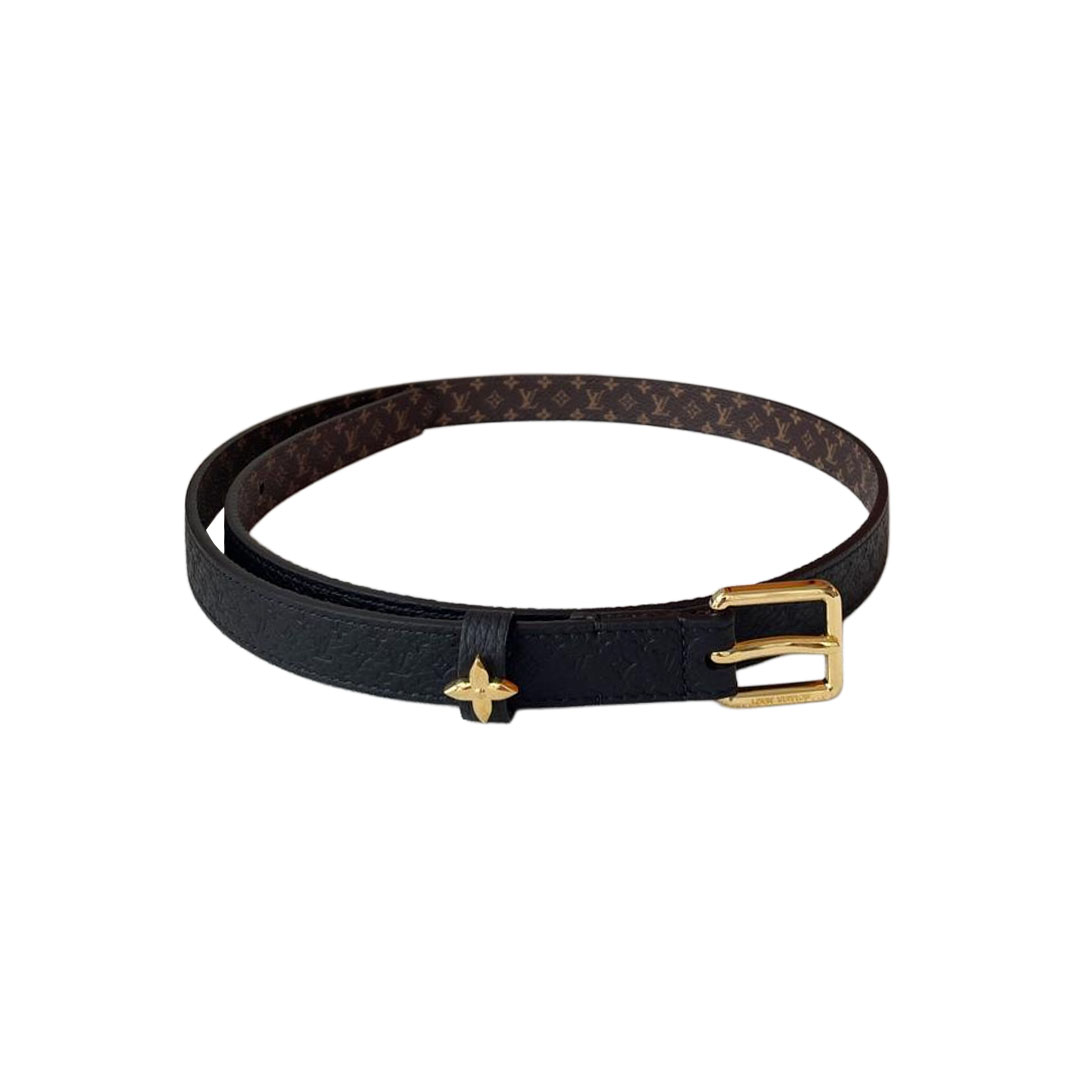 Louis Vuitton Cinto Ardillon Flowergram Feminino em Couro Bezerro Preto e Canvas Monograma com Acabamento Dourado 20mm