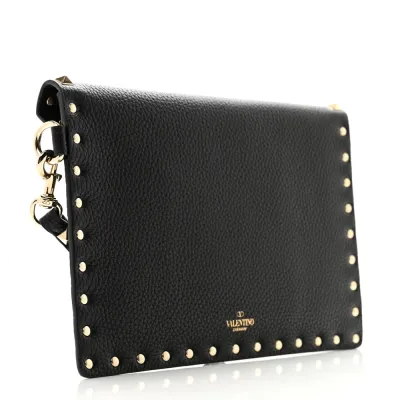 Valentino Garavani Medium Rockstud Envelope Flat Wristlet Pouch Black Pebbled Calfskin Leather Light Gold Hardware
