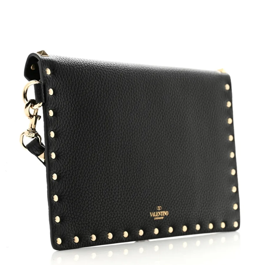 Valentino Garavani Medium Rockstud Envelope Flat Wristlet Pouch Black Pebbled Calfskin Leather Light Gold Hardware