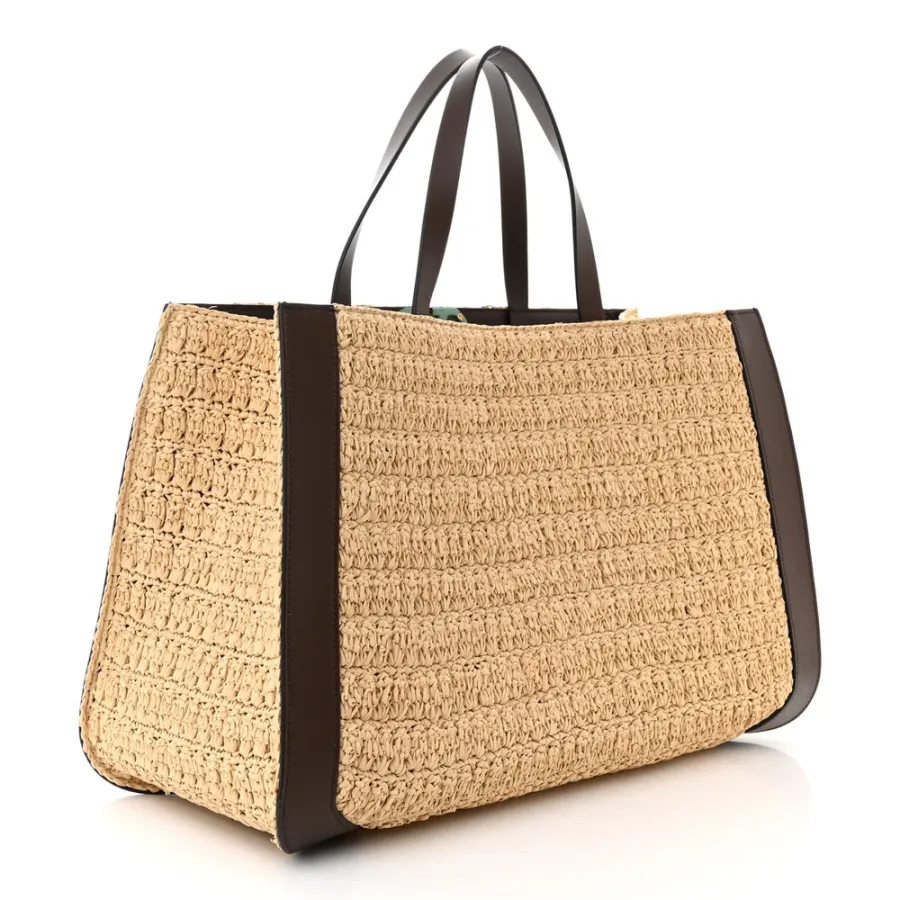 Valentino Garavani Medium VLogo Tote Naturale/Fondant Raffia & Calfskin Leather Gold Hardware