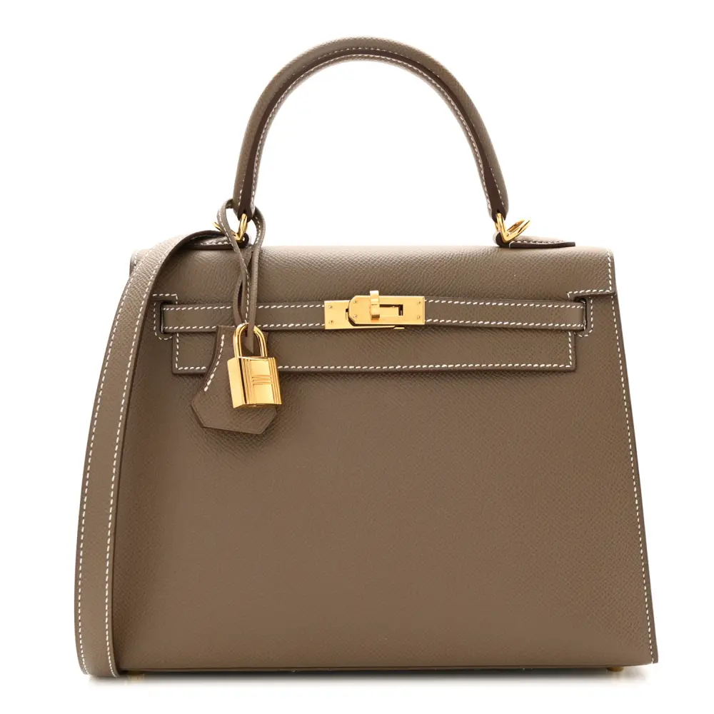 Hermès Kelly Sellier 25 Etoupe Couro Epsom Hardware Dourado