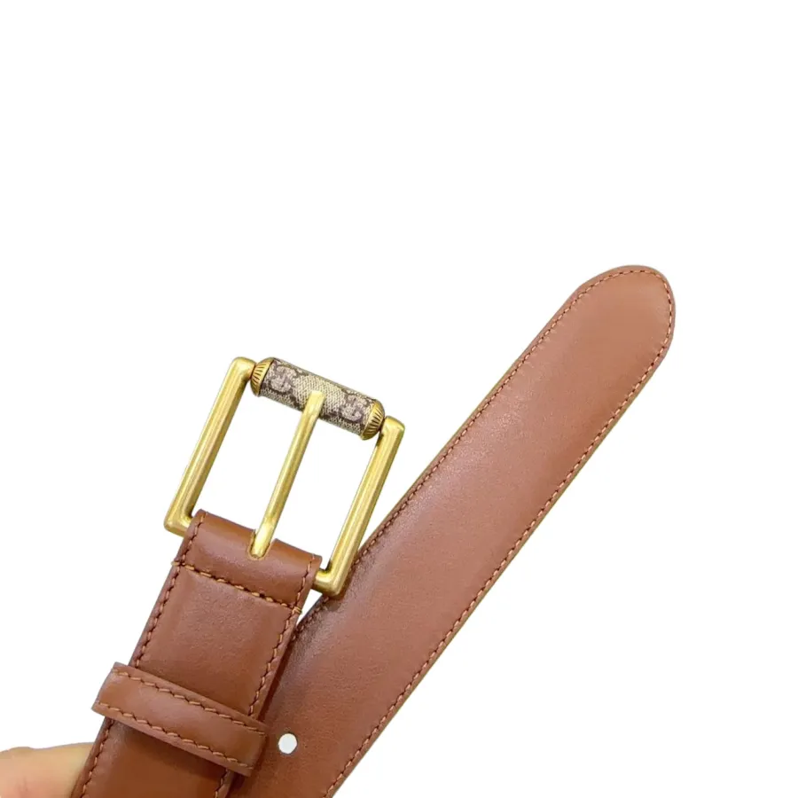 Gucci Women's Emblem Belt With Monogram Buckle In Brown/White/Black Smooth Calfskin With Gold Hardware 30mm