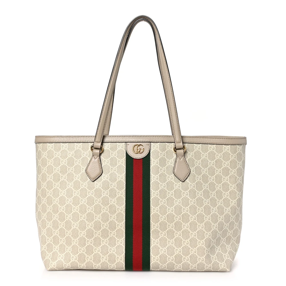 Gucci Bolsa de Compras Ophidia Média Bege / Branco Místico / Aveia GG Supreme Monograma em Canvas Encerado & Couro Bezerro Texturizado Dollar Hardware Dourado