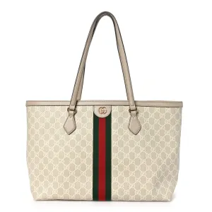 Gucci Medium Ophidia Shopping Tote Beige / Mystic White / Oatmeal GG Supreme Monogram Coated Canvas & Textured Dollar Calfskin Leather Gold Hardware