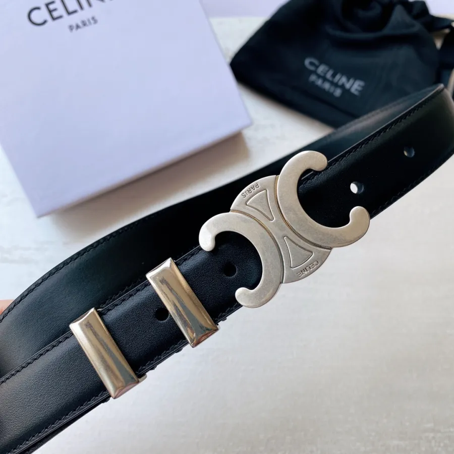 Celine Triomphe Buckle Belt In White/Brown/Black Calfskin With Gold Hardware 25mm