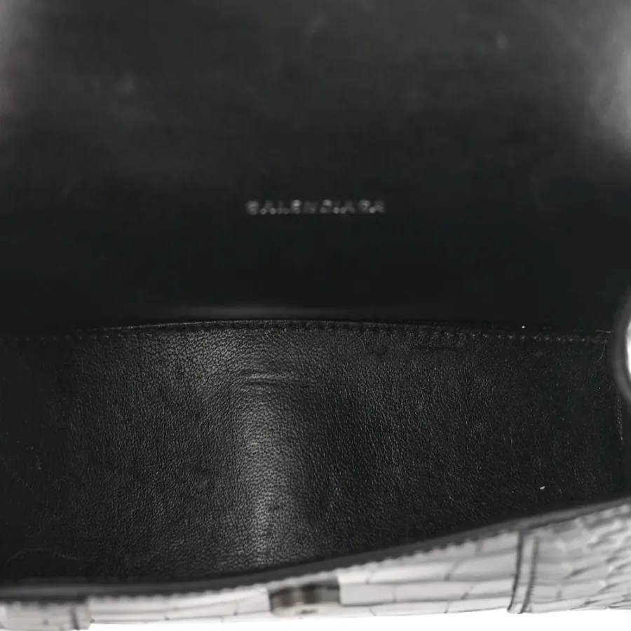 Balenciaga XS Hourglass Top Handle Bag Black Monochrome Crocodile Embossed Shiny Calfskin Leather Black Hardware