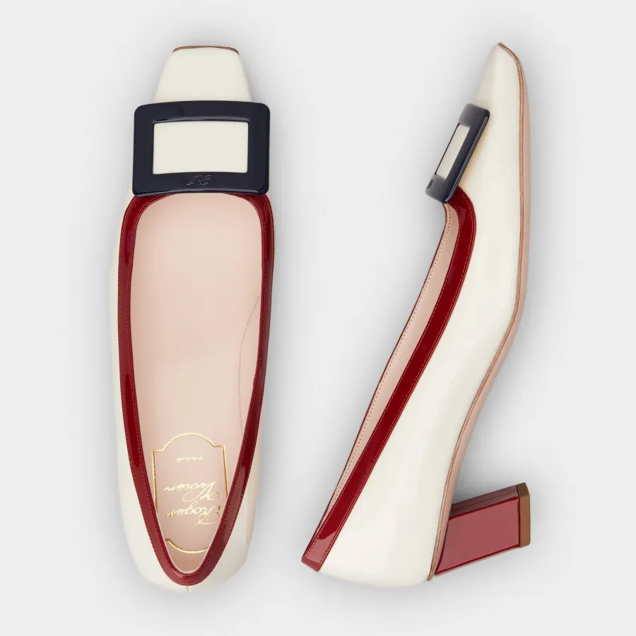 Roger Vivier Belle Vivier Pumps High Heels In White/Red Leather With Lacquered Metal Buckle (Heel Height 4.5cm)