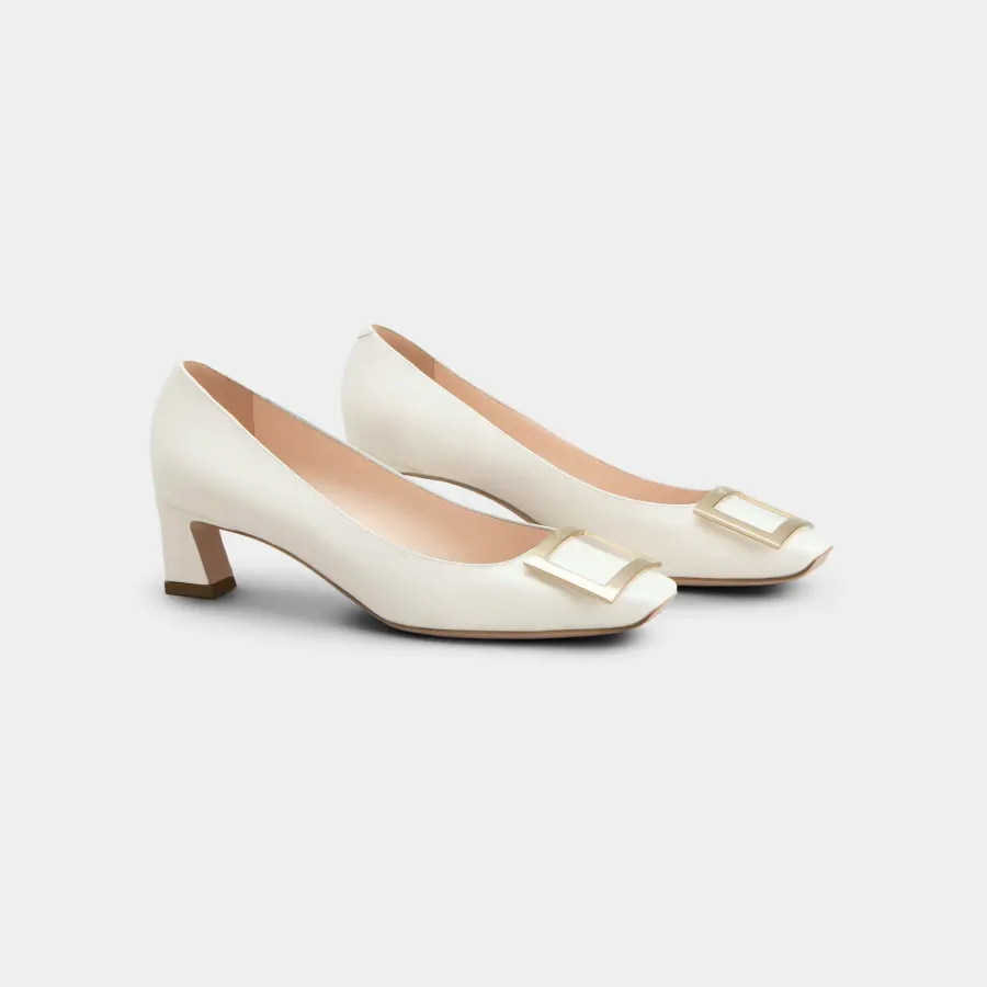 Roger Vivier Trompette Pumps High Heels In White Patent Leather With Metal Buckle (Heel Height 4.5cm)