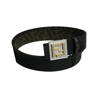 Fendi Men's Square Buckle Belt In Black/Brown Grained Calfskin And Monogram Canvas With Gold/Silver Hardware 35mm