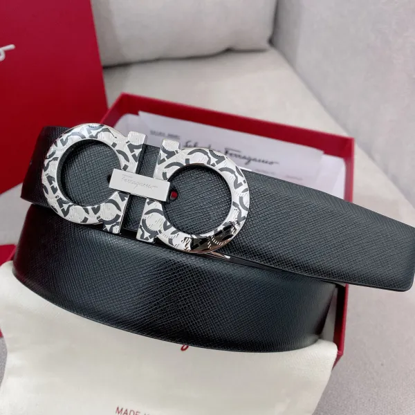 Ferragamo Men's Double Gancini Buckle Belt In Black/Coffee Grained Calfskin With Silver Hardware 35mm - Image 3