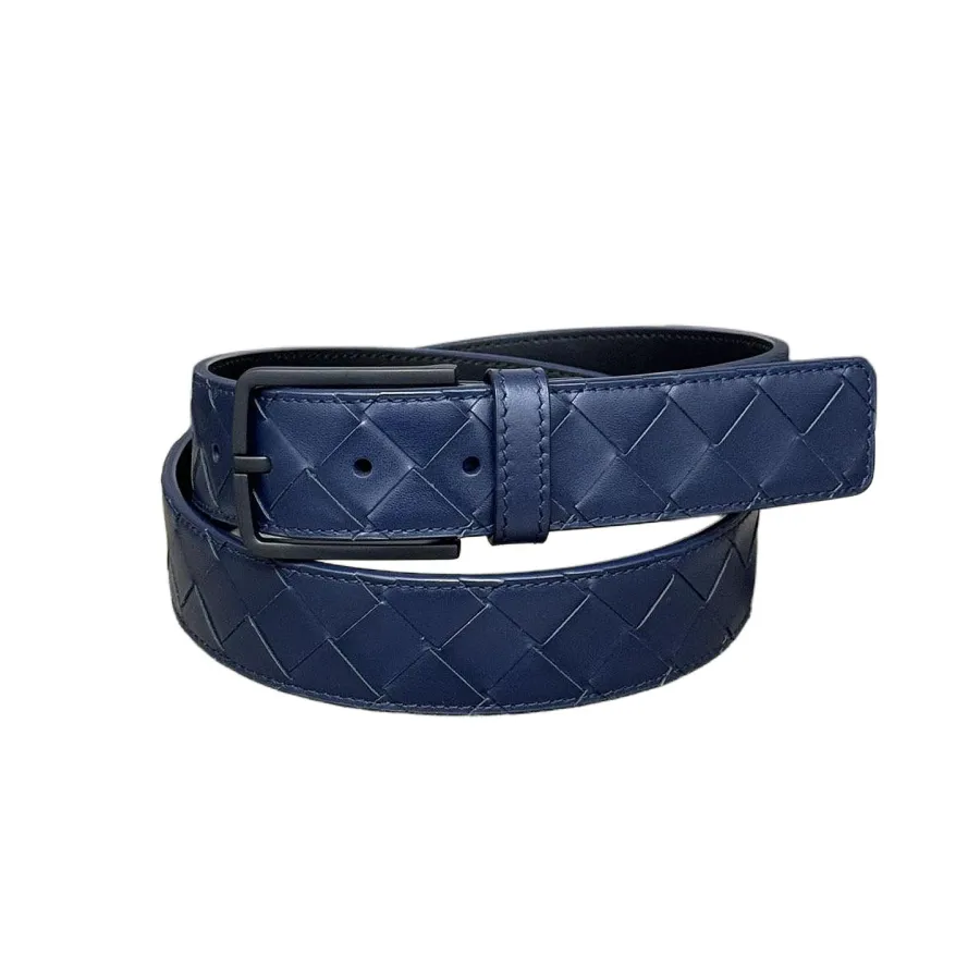 Bottega Veneta Men's Square Buckle Intrecciato Belt In Black/Coffee/Blue/Grey Calfskin With Black Hardware 35mm