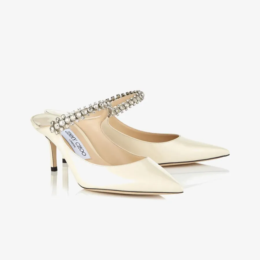 JIMMY CHOO Linen-colored patent leather crystal strap Moeller shoes