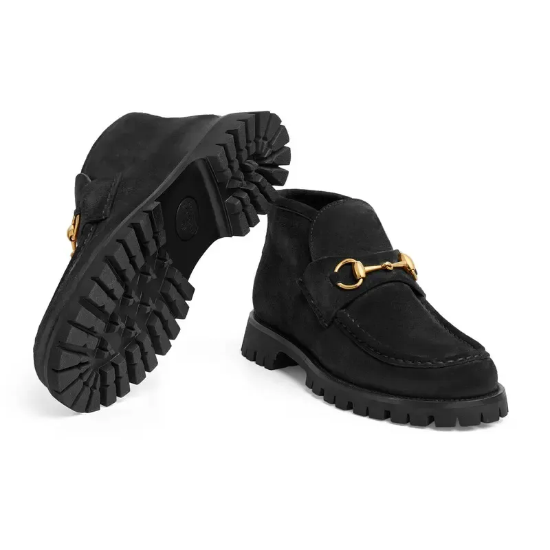 Gucci Round headed black suede horse collar buckle  ankle boots