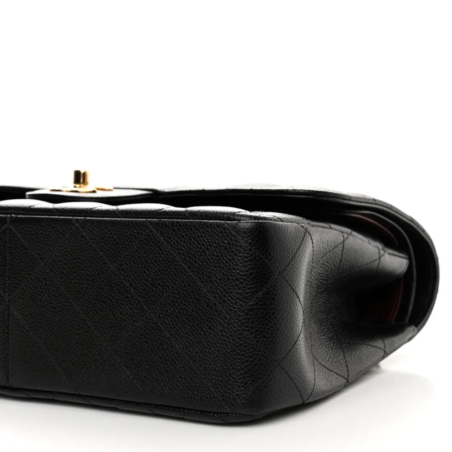Chanel Double Flap Jumbo Black Quilted Caviar Leather Gold Hardware
