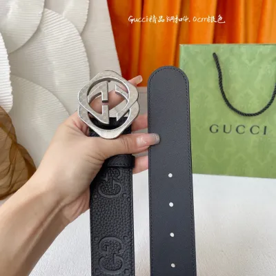Gucci Men's Square Double G Buckle Belt In Black Monogram Calfskin With Gold/Silver Hardware 40mm