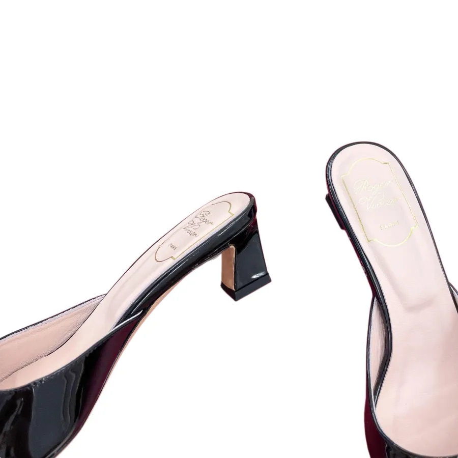 Roger Vivier Trompette Mules High Heels In White/Black/Beige/Pink Patent Leather With Metal Buckle (Heel Height 4.5cm)
