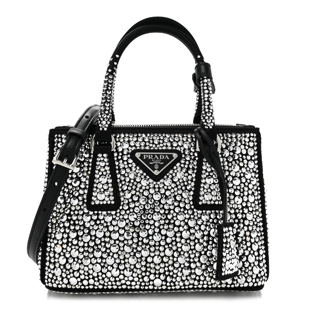 Prada Mini Galleria Bolsa Dupla com Zíper Preto Metalizado Cetim e Ferragens Prata Cristal