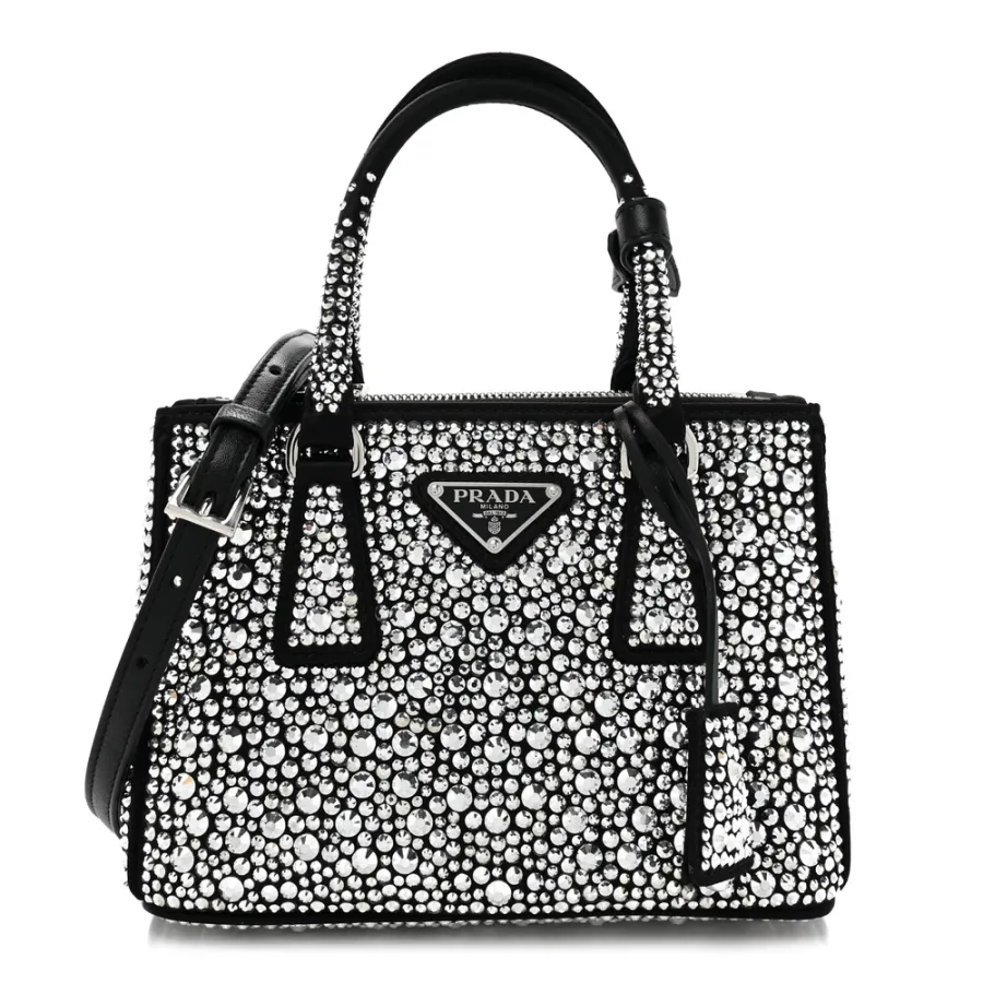 Prada Mini Galleria Double Zip Tote Black Metal Satin & Crystal Silver Hardware