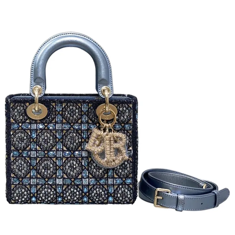 Dior Small Lady Dior Bag Metallic/Blue/Grey Lambskin and Rose des Vents/Dark Blue/Light Grey Satin Embroidered with Beads Gold Hardware