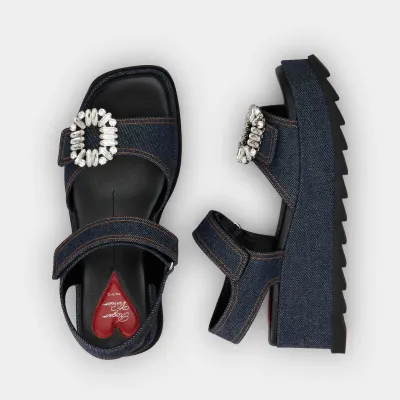 Roger Vivier Slidy Viv' Wedge Sandals In Blue Denim With Crystal Buckle (Heel Height 6.5cm)