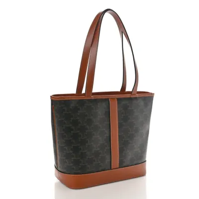 Celine Small Cabas Bag Tan Triomphe Canvas & Calfskin Leather Gold Hardware