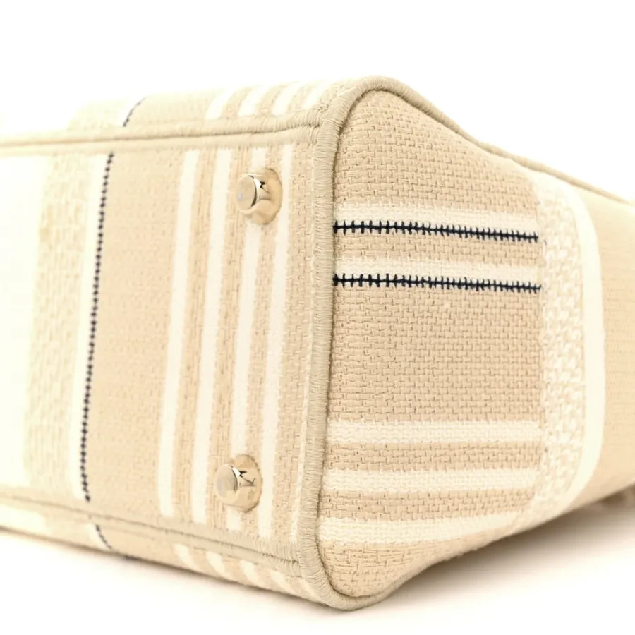 Dior Medium Stripes Lady D-Lite Beige Embroidered Canvas Gold Hardware