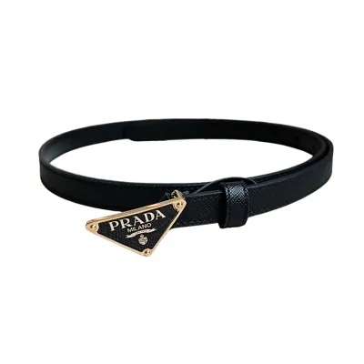 Prada Women' s Triangled Buckle Belt In Brown/Black Calfskin With Gold/Silver Hardware 15mm