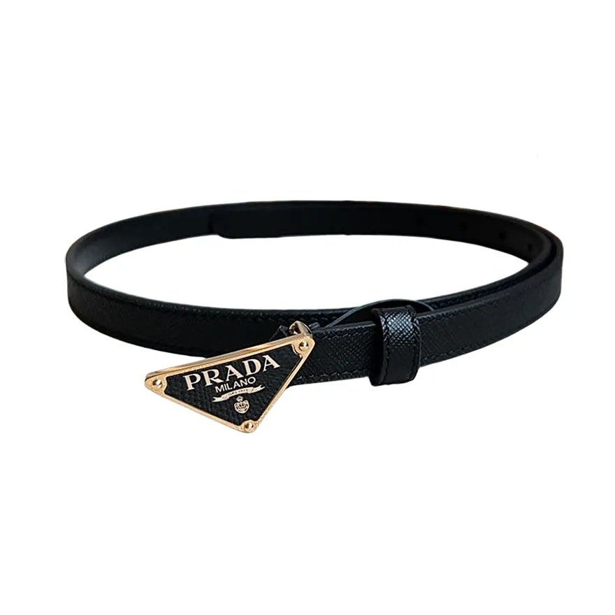 Prada Women' s Triangled Buckle Belt In Brown/Black Calfskin With Gold/Silver Hardware 15mm