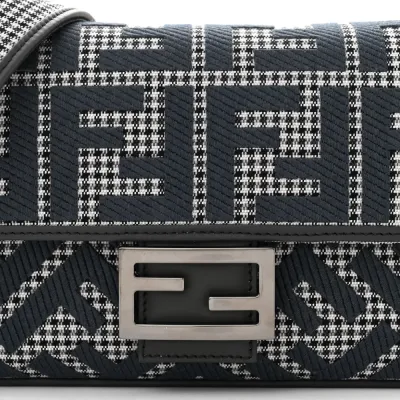 Fendi FF Embroidered Baguette Grigio / Anthracite Houndstooth Wool & King Vitello Leather Ruthenium Hardware