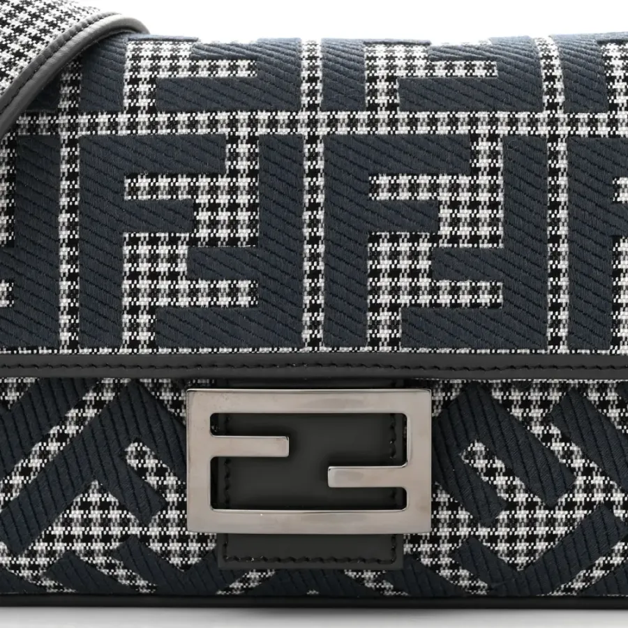 Fendi FF Embroidered Baguette Grigio / Anthracite Houndstooth Wool & King Vitello Leather Ruthenium Hardware