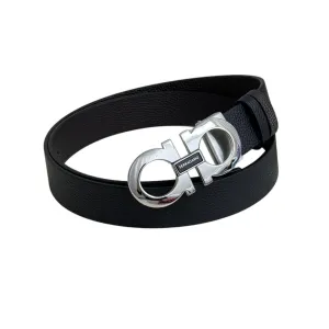 Ferragamo Men's Double Gancini Buckle Belt In Black Grained Calfskin With Gold/Silver/Black Hardware 35mm