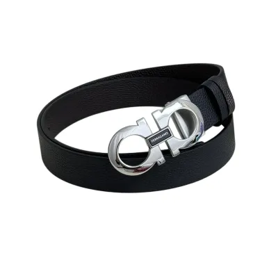 Ferragamo Men's Double Gancini Buckle Belt In Black Grained Calfskin With Gold/Silver/Black Hardware 35mm