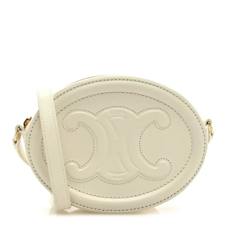 Celine Small Triomphe Oval Crossbody Purse Tan Triomphe Smooth Calfskin Leather Cuir Gold Hardware