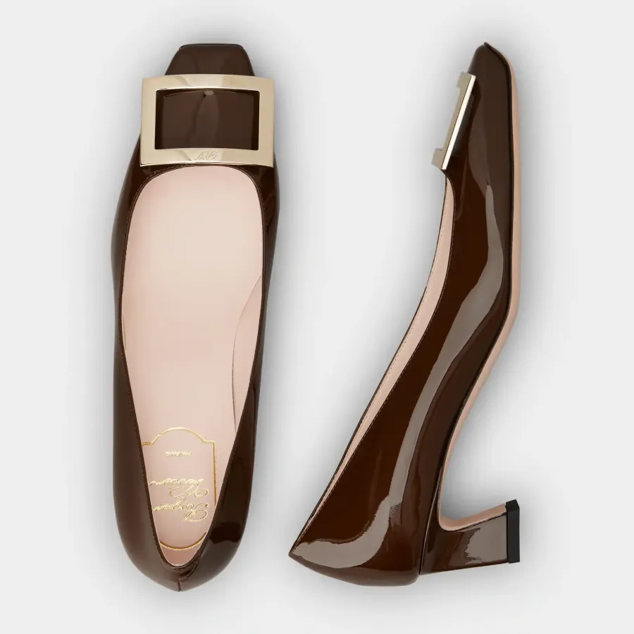Roger Vivier Trompette Pumps High Heels In Brown Patent Leather With Metal Buckle (Heel Height 4.5cm)