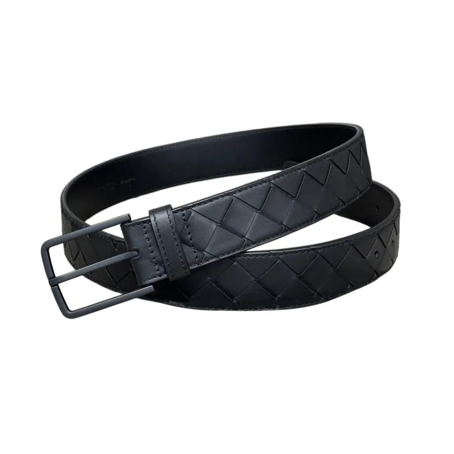 Bottega Veneta Men's Square Buckle Intrecciato Belt In Black/Coffee/Blue/Grey Calfskin With Black Hardware 35mm