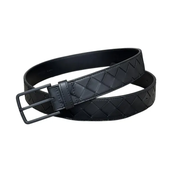 Bottega Veneta Men's Square Buckle Intrecciato Belt In Black/Coffee/Blue/Grey Calfskin With Black Hardware 35mm - Image 2