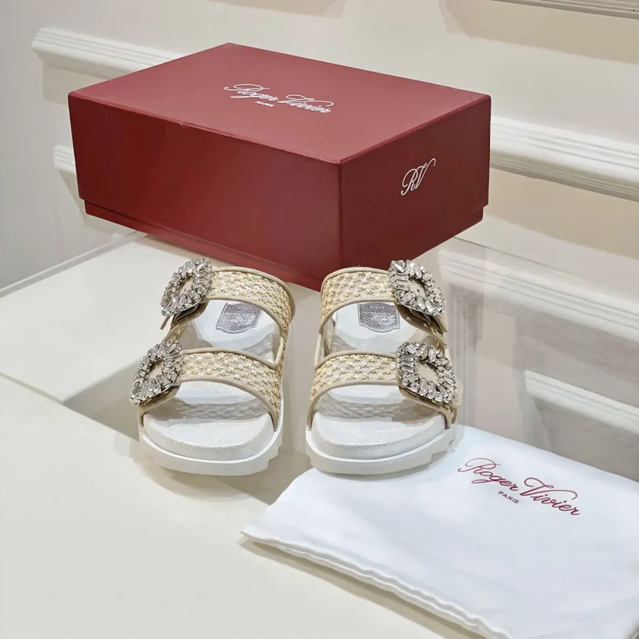 Roger Vivier Slidy Viv' Mules Sandals In Woven Fabric With Crystal Buckle