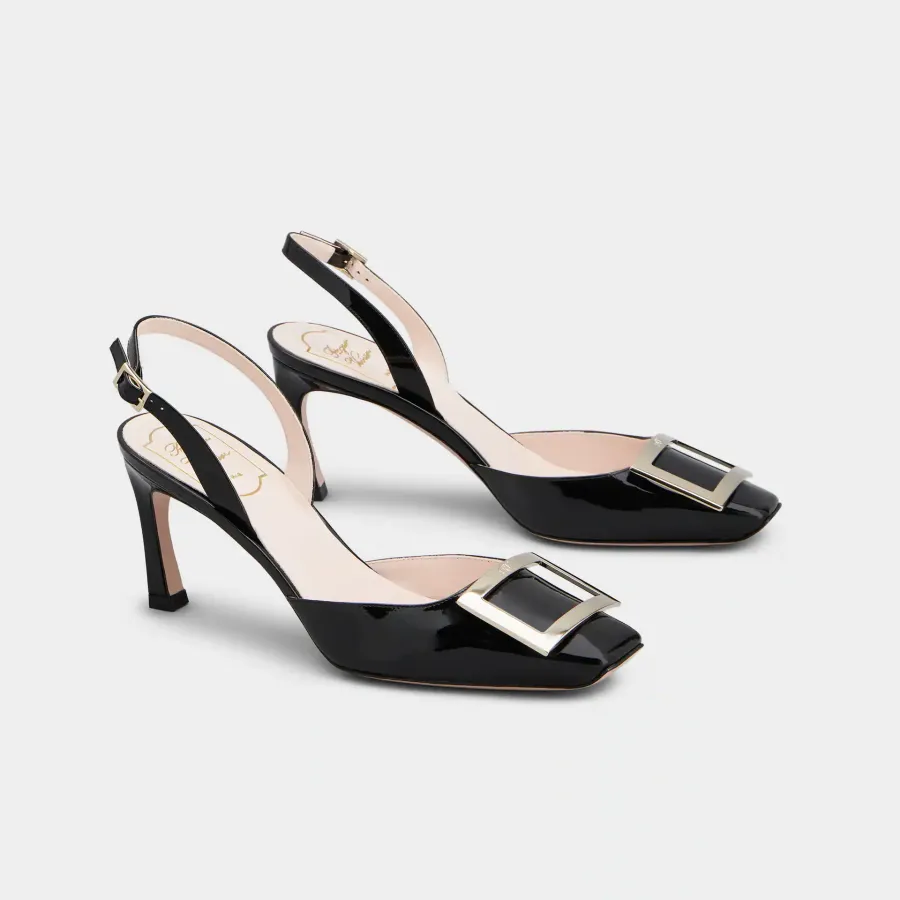 Roger Vivier Trompette Slingback Pumps High Heels In Black Patent Leather With Metal Buckle (Heel Height 7cm)