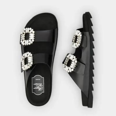 Roger Vivier Slidy Viv' Mules Sandals In Black Leather With Crystal Buckle