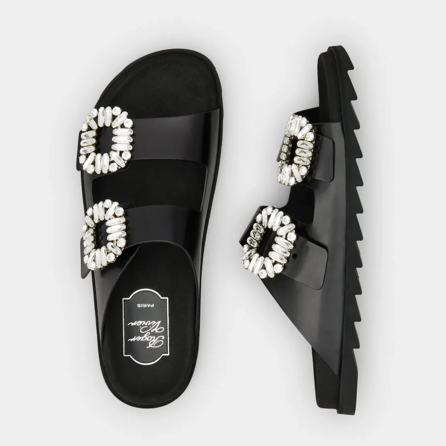 Roger Vivier Slidy Viv' Mules Sandals In Black Leather With Crystal Buckle