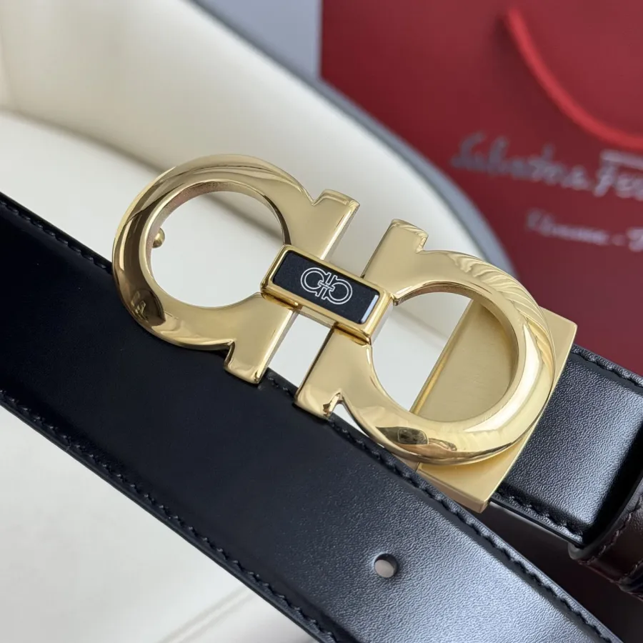 Ferragamo Men's Double Gancini Buckle Belt In Black Calfskin With Gold/Gun Black Hardware 35mm