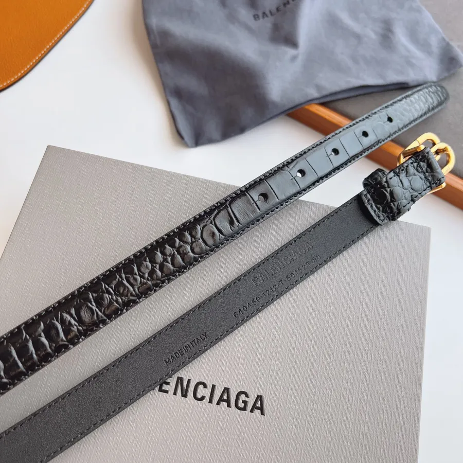 Balenciaga Women's BB Thin Belt In Black Crocodile Embossed Calfskin With Gold/Silver Hardware 20mm