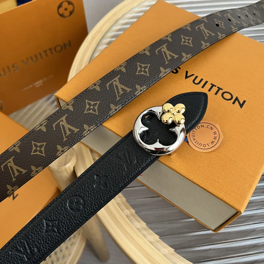 Louis Vuitton Women's Flowergram Round Buckle Reversible Belt In Black/White/Brown Calfskin And Monogram Canvas With Gold/Silver Hardware 30mm