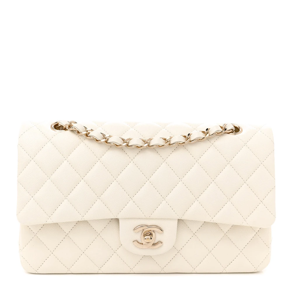 Chanel Flap Duplo Médio Branco em Couro Caviar Acolchoado
