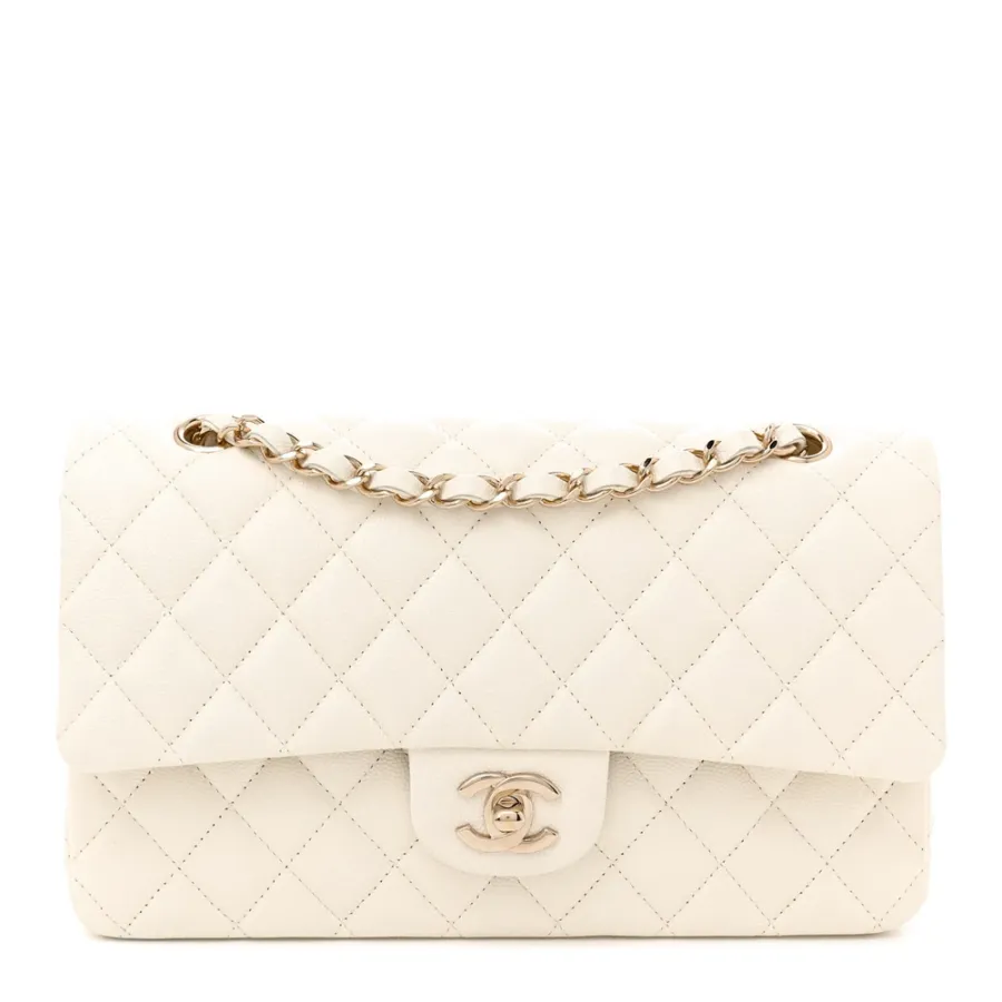 Chanel Double Flap Medium White Quilted Caviar Leather