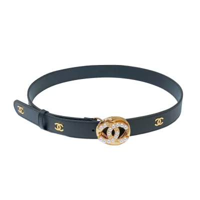 Chanel Women's Pearls CC Belt In Blue/Black/White Lambskin With Gold/Silver Hardware