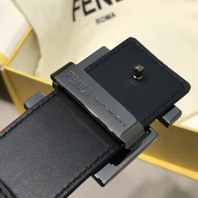 Fendi Men's FF Buckle Belt In Black F Embossed Calfskin With Gun Black Hardware 38mm